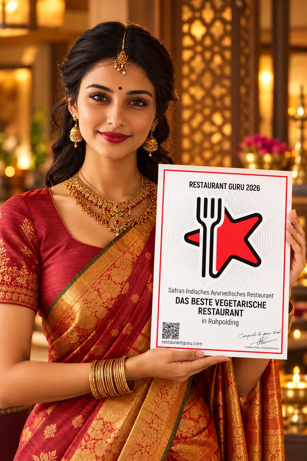 Indische Frau im roten Sari präsentiert das Restaurant-Guru-Zertifikat 2026 für Safran